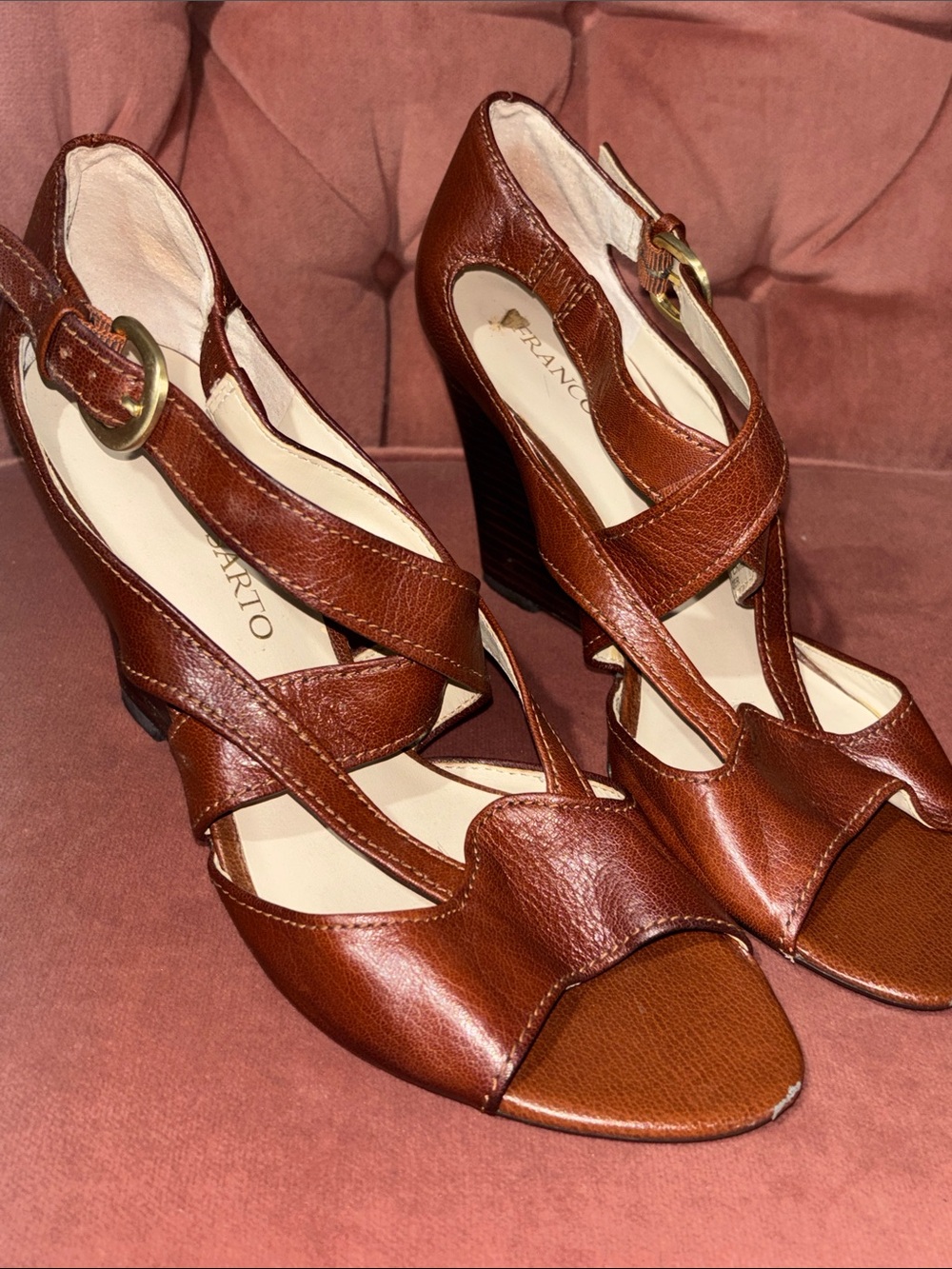 Franco Sarto heels open toe strappy leather wooden narrow wedge women’s 8.5 - Picture 9 of 16